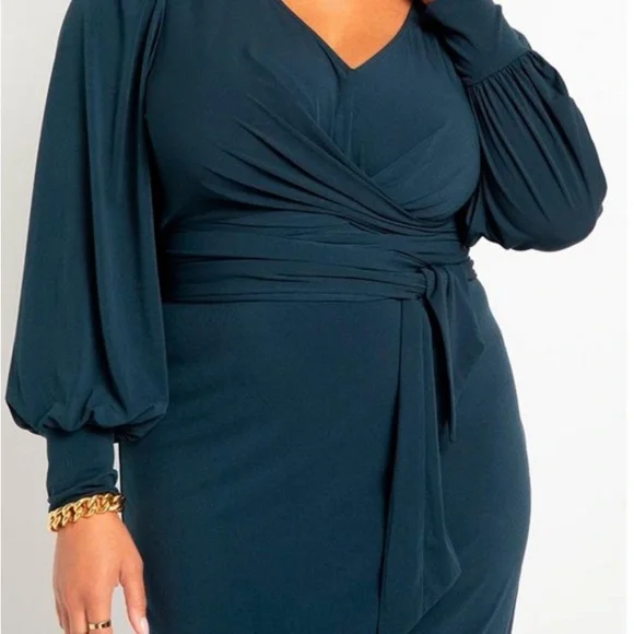 Eloquii Elegant Long Sleeve Wrap Waist Dress in Navy - Picture 2 of 9